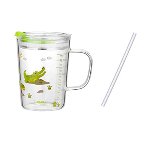 UPKOCH Vaso de Agua de Vidrio para Niños Vaso de Leche a Prueba de Fugas Impresión de Dibujos Animados con Escala de Mango Paja de Silicona (Color de Tapa Aleatorio de Cocodrilo 350 Ml)