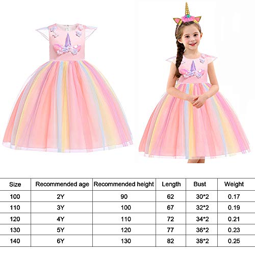 URAQT Disfraz de Princesa, Traje del Vestido Traje de Princesa de la Nieve Vestido Infantil Disfraz de Princesa de Niñas para Frozen Themed Fiesta Cumpleaños Navidad Halloween Arcoiris 120 cm