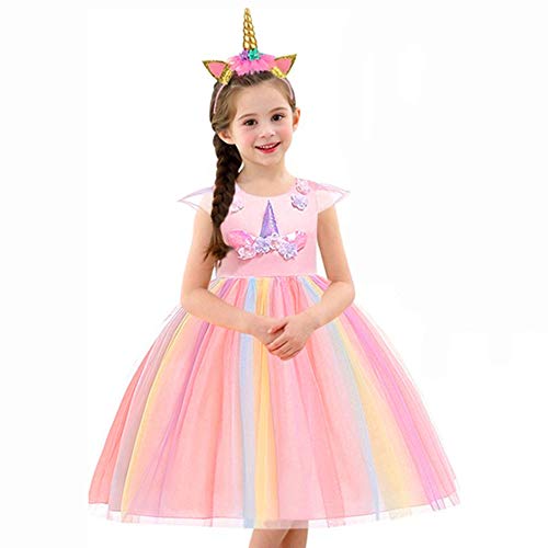 URAQT Disfraz de Princesa, Traje del Vestido Traje de Princesa de la Nieve Vestido Infantil Disfraz de Princesa de Niñas para Frozen Themed Fiesta Cumpleaños Navidad Halloween Arcoiris 120 cm