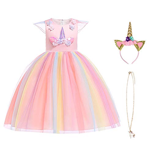 URAQT Disfraz de Princesa, Traje del Vestido Traje de Princesa de la Nieve Vestido Infantil Disfraz de Princesa de Niñas para Frozen Themed Fiesta Cumpleaños Navidad Halloween Arcoiris 120 cm