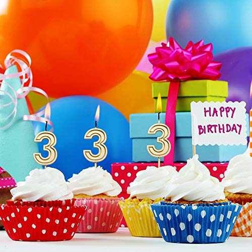 URAQT Velas Cumpleaños Número 3, Velas de Pastel de Cumpleaños, Velas Doradas para Cumpleaños/Aniversario de Bodas/Fiesta de Graduación, Número 0-9 para Elegir