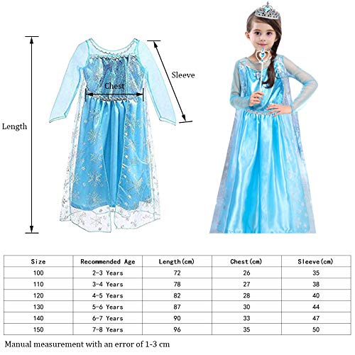 URAQT Vestido de Princesa Elsa, Reina Frozen Disfraz Elsa Vestido Infantil Niñas Costume Azul Cosplay de Disney Disfraz de Halloween, Cumpleaños, Carnaval y la Fiesta (100) Azul