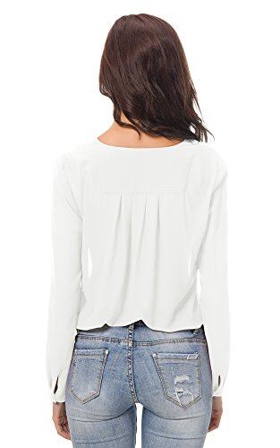 Urban GoCo Blusa de Gasa con Escote en V Mangas Largas y el Dobladillo en el Hombro para Mujeres (L, Blanco)