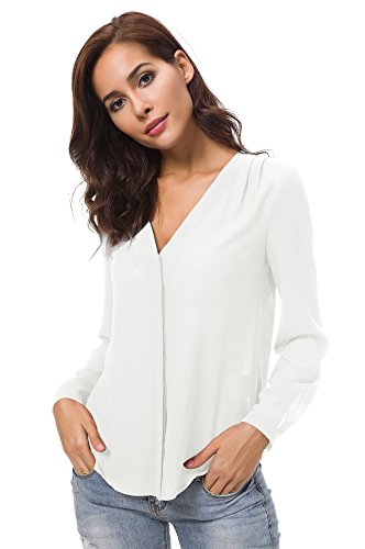 Urban GoCo Blusa de Gasa con Escote en V Mangas Largas y el Dobladillo en el Hombro para Mujeres (L, Blanco)