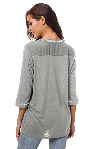 Urban GoCo Mujer Camisas Manga 3/4 Boho Blusa Bordado T-Shirt Tops (Large, Gris Claro)