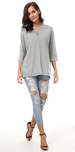 Urban GoCo Mujer Camisas Manga 3/4 Boho Blusa Bordado T-Shirt Tops (Large, Gris Claro)