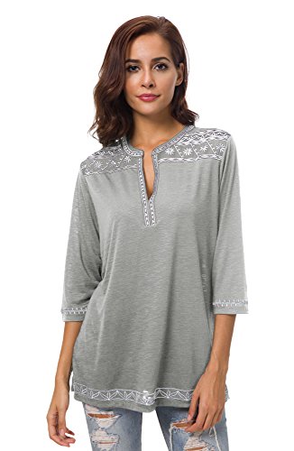 Urban GoCo Mujer Camisas Manga 3/4 Boho Blusa Bordado T-Shirt Tops (Large, Gris Claro)