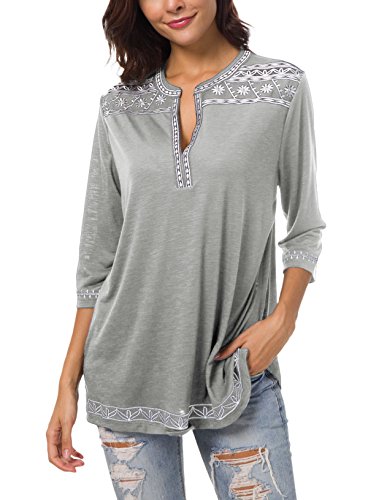 Urban GoCo Mujer Camisas Manga 3/4 Boho Blusa Bordado T-Shirt Tops (Large, Gris Claro)