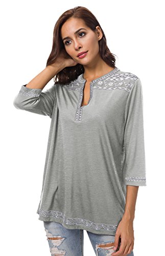 Urban GoCo Mujer Camisas Manga 3/4 Boho Blusa Bordado T-Shirt Tops (Large, Gris Claro)