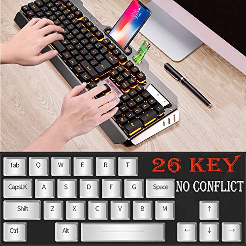 UrChoiceLtd Combo Ratón y Teclado para Juegos USB, Retroiluminación Naranja LED y sensación de Teclado mecánic，Negro Teclado USB Gamer ergonómico + los 7 Colores del arcoíris ratón con 2400 dpi