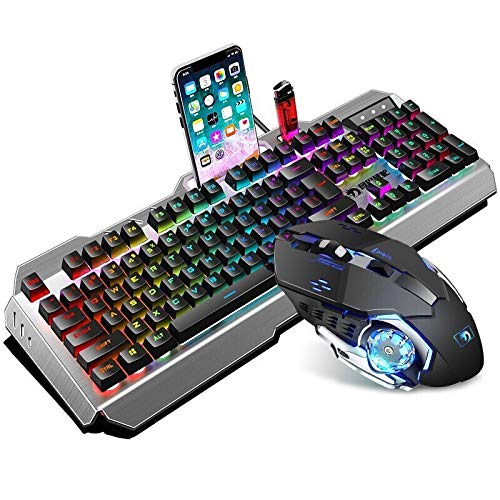 UrChoiceLtd Combo Ratón y Teclado para Juegos USB, Retroiluminación Naranja LED y sensación de Teclado mecánic，Negro Teclado USB Gamer ergonómico + los 7 Colores del arcoíris ratón con 2400 dpi