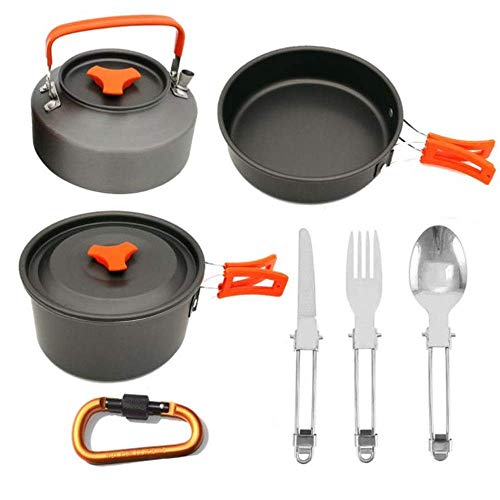 Utensilios de cocina de camping al aire libre con mochila portátil plegable de Cook Conjunto de utensilios de cocina de camping Ligera Mess Kit sartenes ollas Spork marmita de cocción bolsa con el equ