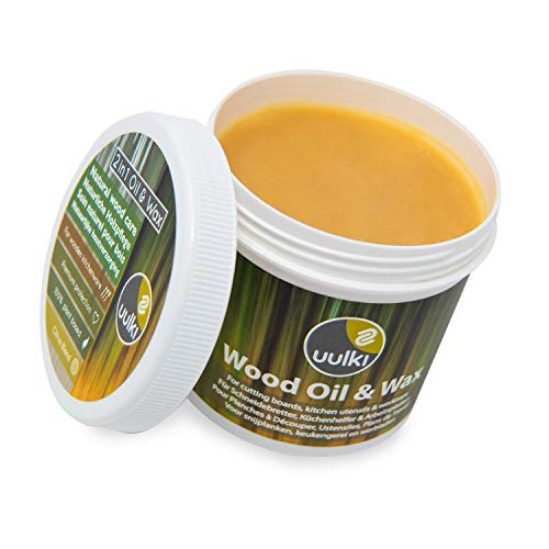 Uulki Cuidado de la madera Natural Cera y Aceite 2 en 1 - para Tabla de cortar, bloque de carnicero, encimera, utensilios de cocina de madera o bambú - de grado alimentario vegano (250 mL)