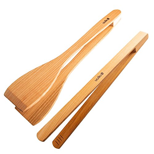 Uulki® Juego de Barbacoa largas (30 cm) de Madera de Cereza: 1 Pinzas Espátula Tornero y 1 Pinzas Grill – Utensilios de Cocina Parilla BBQ Ecológicos de Europa