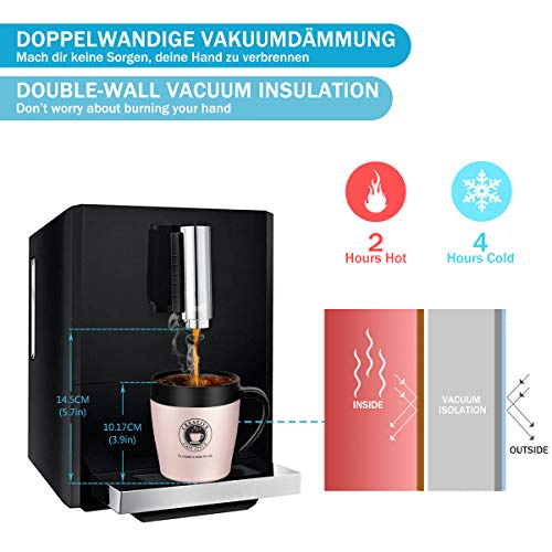 Vabaso 330ml Termo de café para llevar con cucharita de cafe y tapa, Acero inoxidable de doble pared, Taza de café térmica para té, bebidas frías y calientes, oro rosa