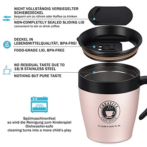 Vabaso 330ml Termo de café para llevar con cucharita de cafe y tapa, Acero inoxidable de doble pared, Taza de café térmica para té, bebidas frías y calientes, oro rosa