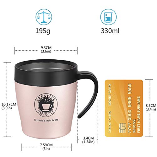 Vabaso 330ml Termo de café para llevar con cucharita de cafe y tapa, Acero inoxidable de doble pared, Taza de café térmica para té, bebidas frías y calientes, oro rosa