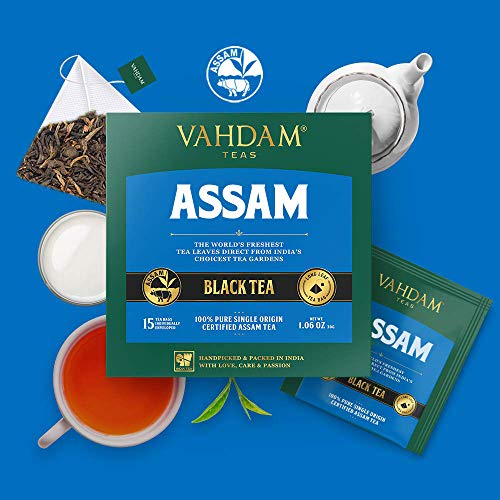 VAHDAM, té negro de Assam (30 bolsitas de té) - Bolsitas de té de hoja larga de Assam - RICH & MALTY - Bolsitas de té para el desayuno, grado FTGFOP1 - 15 sobres de té Pyramid (juego de 2)