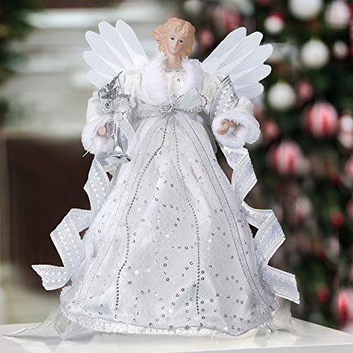 Valery Madelyn Ángel de Adornos Copa del árbol de Navidad Blanco Plate, 30cm Topper de Tela Plata Navidad con 10 Luces LED Cálidas, Decoraciones de Navidad Funciona con Batería No Incluida