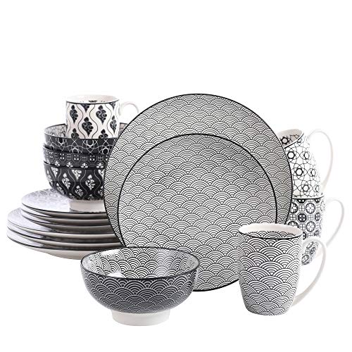 vancasso 16 Piezas Vajilla de Porcelana Pintada a Mano Gris Spot Servicio Set 10,6 Plato vajilla vajilla 8,5" Plato de Postre 6" Bowl y 13 oz Taza, Servicio para 4 Personas