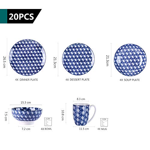 vancasso AICHI Juego de Vajillas de Porcelana 20 piezas Estilo Japones con 4 Platos de Cena/Postres/Platos de Sopa/Cuencos de Cereales/Tazas de Cafe para 4 Personas