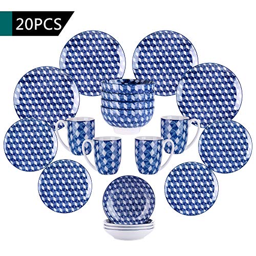 vancasso AICHI Juego de Vajillas de Porcelana 20 piezas Estilo Japones con 4 Platos de Cena/Postres/Platos de Sopa/Cuencos de Cereales/Tazas de Cafe para 4 Personas