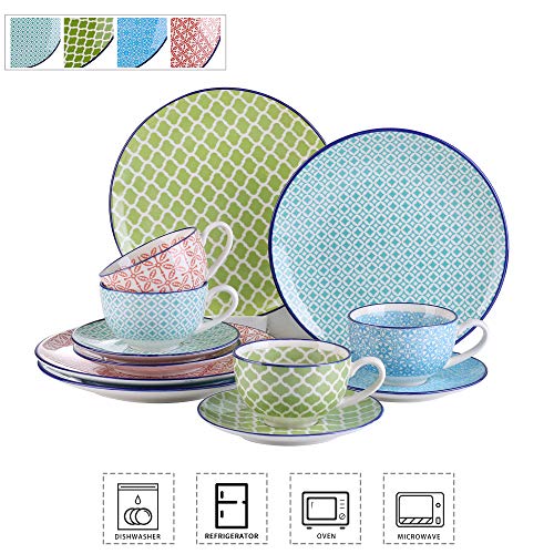 vancasso Macaron Juego de Café 12pcs, con 4 Tazas de Cafe 200ml y 4 Platillos, 4 Platos de Postre, Porcelana, para Desayuno Cafe, Leche, Juego de Té de la Tarde para 4 Personas