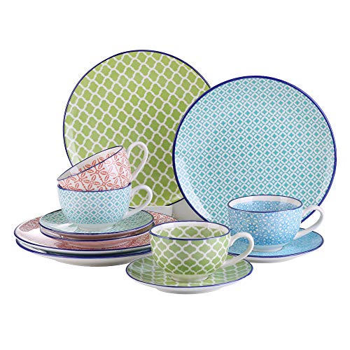 vancasso Macaron Juego de Café 12pcs, con 4 Tazas de Cafe 200ml y 4 Platillos, 4 Platos de Postre, Porcelana, para Desayuno Cafe, Leche, Juego de Té de la Tarde para 4 Personas