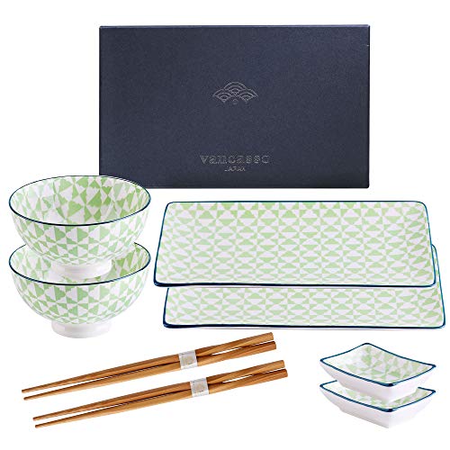 vancasso Serie Midori Sushi Set, Vajillas de Sushi, para 2 Personas, con 2 Platos Rectangulares, 2 Pares Palillos, 2 Platos de Salsas 2Cuencos (8 pcs)