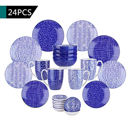 vancasso takaki Porcelana Vajilla, 24 Piezas Vajilla para 4 Personas, Contiene Taza de Café, Cuencos Cereales, Platos de Postre, Platos Llanos y Salsas.