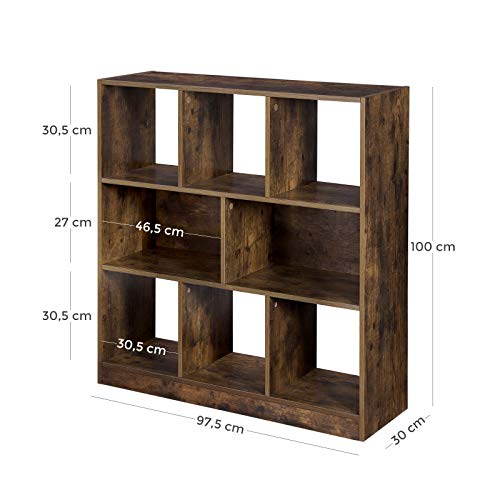 VASAGLE Librería de Madera con Estantes Abiertos, Estantería para Libros Independiente, para Sala de Estar, Dormitorio, Habitación y Oficina, 97,5 x 30 x 100 cm, Marrón Rústico LBC52BX