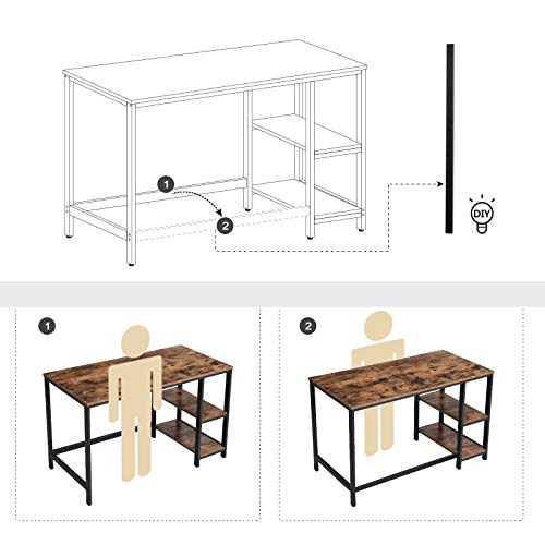 VASAGLE Mesa de Ordenador, Escritotio, con 2 Niveles de Estante a la Izquierda o a la Derecha, para Oficina, Dormitorio, Estructura de Acero, Industrial, Marrón Rústico y Negro LWD47X