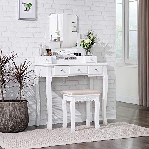 VASAGLE Tocador moderno, Mesa de Maquillaje en MDF y Pino, con Espejo sin Marco, con Caja Móvil, Taburete de Madera de Goma, 5 Cajones, para Dormitorio, Vestidor, Blanco RDT25WT