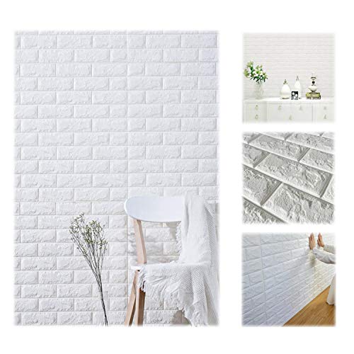 VASEN Papel Pintado Pared, 3D Paneles Pared Autoadhesivos, Papel Pintado Autoadhesivo Imitación Ladrillo, Papel Pared para Salón Cocina, 77 x 70cm (10 piezas, Blanco)