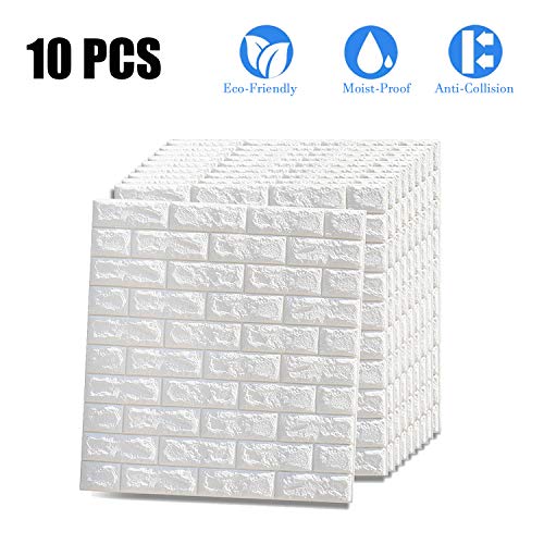 VASEN Papel Pintado Pared, 3D Paneles Pared Autoadhesivos, Papel Pintado Autoadhesivo Imitación Ladrillo, Papel Pared para Salón Cocina, 77 x 70cm (10 piezas, Blanco)