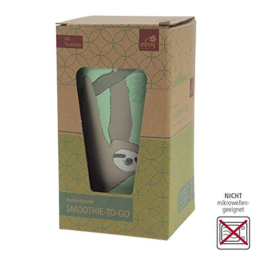 Vaso de bambú ebos Smoothie-to-Go | Vaso para beber con tapa y pajita | Ecológicamente degradable, sostenible, respetuoso con el medio ambiente | Diferentes diseños disponibles (perezoso)