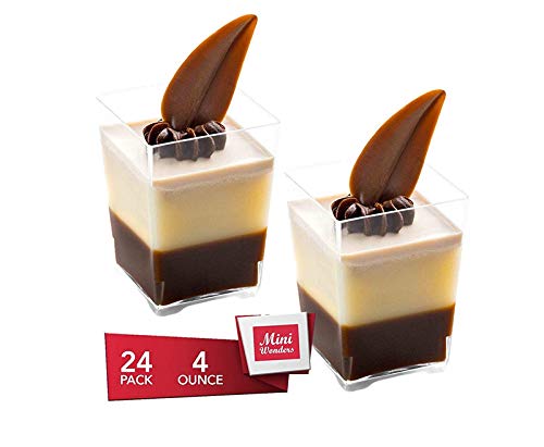 Vasos de postre cuadrados de plástico transparente con forma de postre, 4 onzas, 24 unidades, mini tazas, tazas de chocolate para postres, vasos de aperitivos, vasos de chupete[Mini Maravillas]