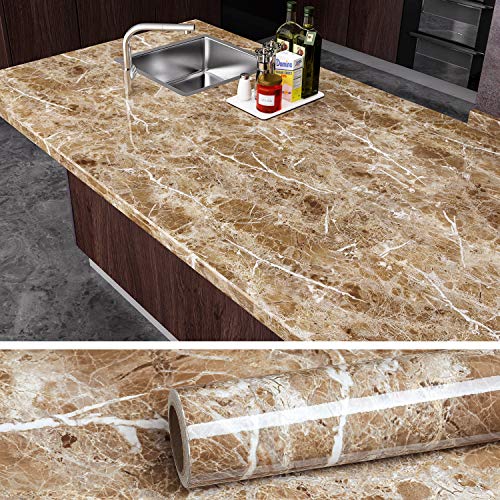 VEELIKE Contact Paper Vinyl Film Granite Sticker Vinyl Wrap Washable Wallpaper Oilproof Marble Effect Self Adhesive Shelf Drawer Liner Brown Sticky Back Plastic Roll for Sink Bath Tub (40cm x 300cm)