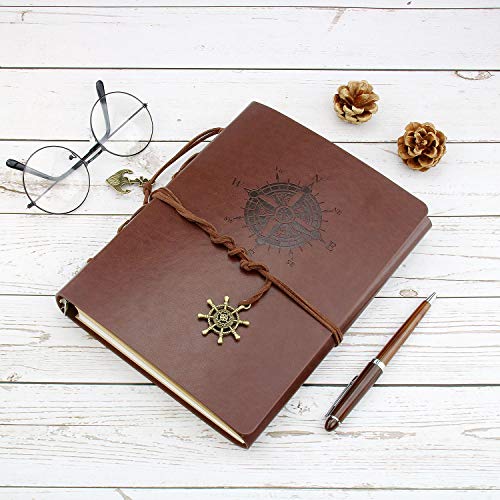 VEESUN Cuaderno de Cuero A5, Retro Libreta de Viaje, Cuaderno Vintage Agenda, Recargable Bloc de Libros en Blanco Diary Regalo, Diario de La Vendimia Regalo Para Hombres Mujeres Estudiantes, Brújula