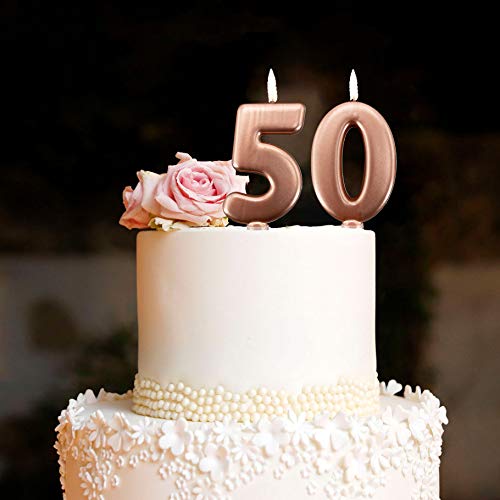Velas 50 años Rosa Gold para tarta fiesta cumpleaños | Decoraciones Velas Aniversario Tarta 50 | Altura 10 cm