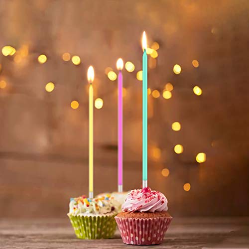 Velas Cumpleaños De Colores 20 PCS, Vela Cumpleaños De Pastel Metálicas Para Pasteles Con Soporte, Velas Largas Y Finas Para Fiestas, Suministros De Decoración De Pasteles De Cumpleaños Para Bodas