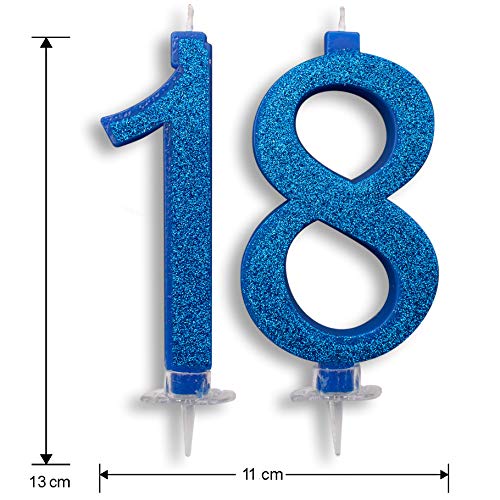 Velas Maxi 18 años para tarta fiesta cumpleaños 18 años | Decoraciones Velas Auguri Aniversario Tarta 18 | Altura 13 cm (azul)