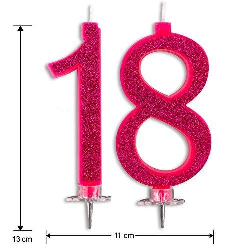 Velas Maxi 18 años para Tarta Fiesta cumpleaños Decoraciones Velas Feliz cumpleaños Tarta 18 Piezas Fiesta temática Altura 13 cm Fucsia Purpurina