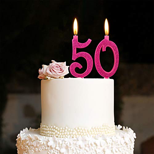 Velas Maxi de 50 años para Tarta de cumpleaños de 50 años, decoración de Velas de cumpleaños, Tarta de 50, Fiesta temática, Altura 13 cm, Fucsia Brillante