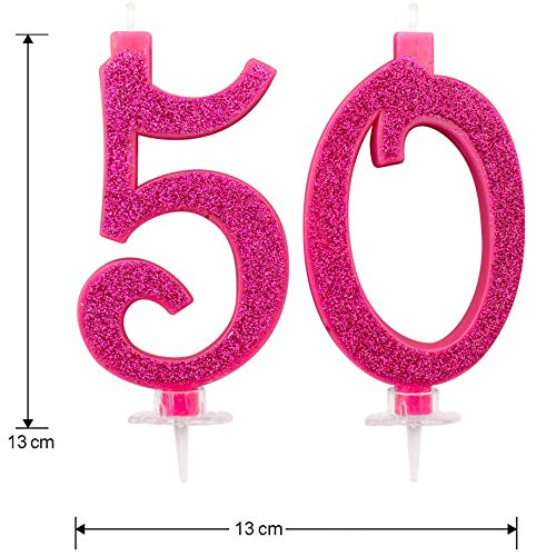 Velas Maxi de 50 años para Tarta de cumpleaños de 50 años, decoración de Velas de cumpleaños, Tarta de 50, Fiesta temática, Altura 13 cm, Fucsia Brillante