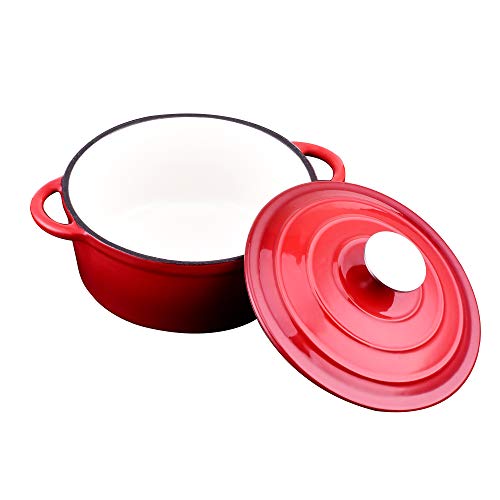 Velaze Ollas de Hierro Fundido, Cacerola Holandesa de Esmaltado Antiadherente Anticorrosiva Esmalte Redonda de Color Rojo con Tapa Rociadores para Cocina Estofado, Paella, Olla de Gran Capacidad 2L