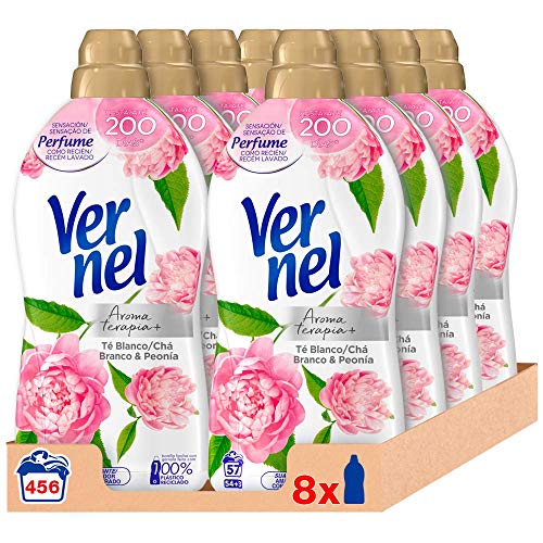 Vernel Suavizante Lavadora Concentrado Aromaterapia Té & Peonia 57 Lavados - Pack de 8, Total: 456 Lavados (10.4 L)