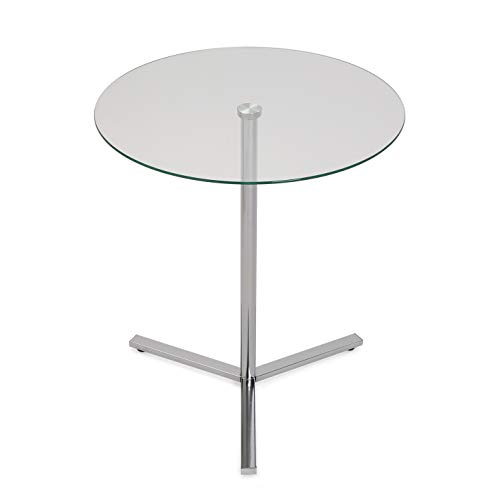 Versa 18790070 Mesa de Cristal Auxiliar de salón con Base de Metal y 3 Patas Mesilla de Noche, Plateado, 56 x 50 x 50 cm