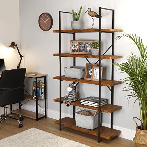 Versa Kiel Estantería de Pared de Estilo Industrial Biblioteca de Madera Aglomerada con 5 Baldas o Estantes Librería Comedor Salon Marrón y Negro, MDF, 179 x 33 x 100 cm