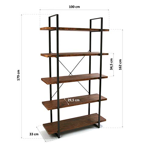 Versa Kiel Estantería de Pared de Estilo Industrial Biblioteca de Madera Aglomerada con 5 Baldas o Estantes Librería Comedor Salon Marrón y Negro, MDF, 179 x 33 x 100 cm